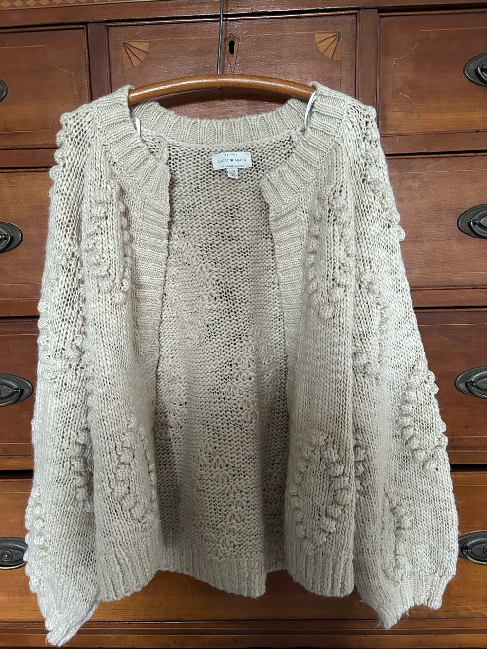 Lucky Brand Beige Chunky Cable Open-Front Cardigan